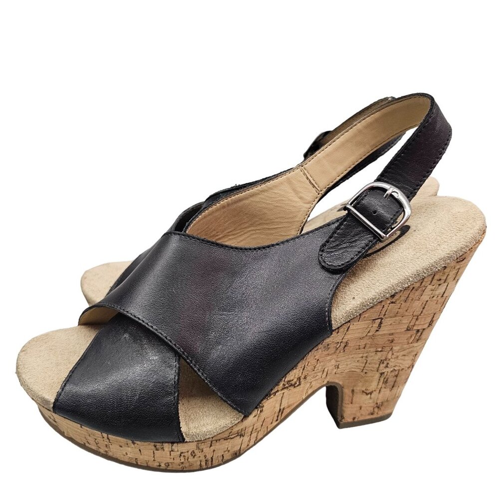 Denver Hayes Quad Comfort Women's Black Leather Cork Wedge Sandals Adjustable